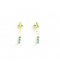 Golden Color Earrings Studded with White and Light Blue American Diamond, Long String, Classical Flower Design